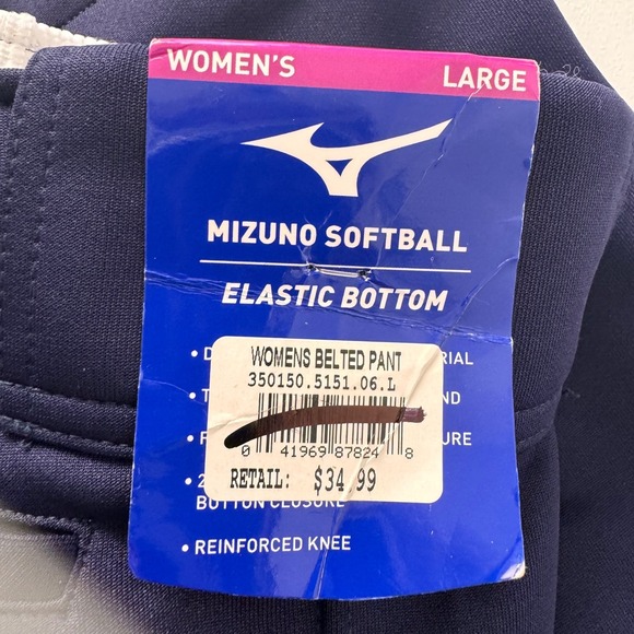 Mizuno Softball Belted Pant Women SZ L Navy Blue Elastic Bottom Reinforced Knee - Picture 14 of 16